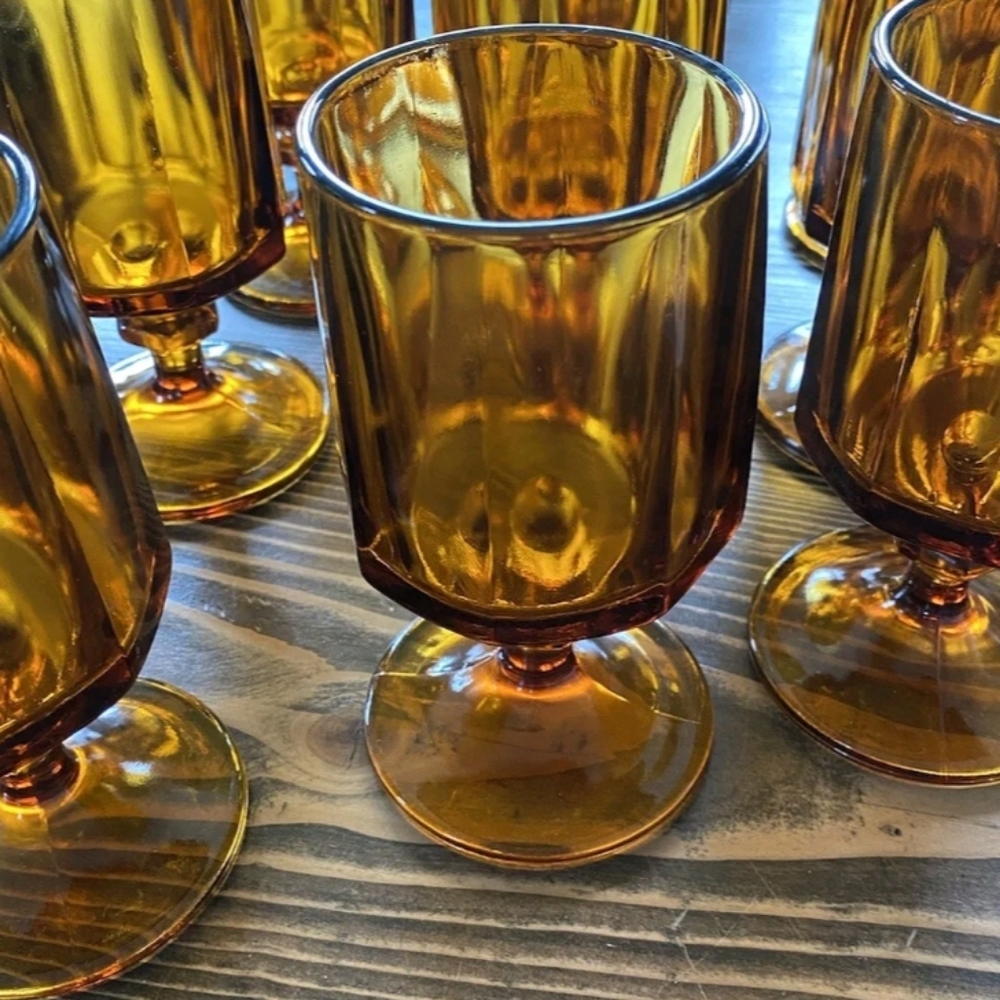 2 M.C.M. beautiful vintage octagonal amber glass goblets Sturdy 6” Tall